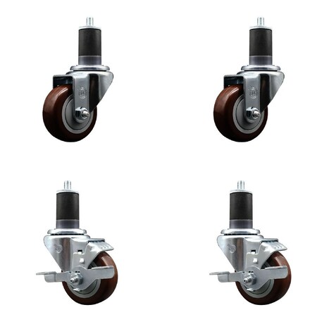 Service Caster 3'' SS Maroon Poly Wheel Swivel 1-5/8'' Expanding Stem Caster Set 2 Brakes, 4PK SCC-SSEX20S314-PPUB-MRN-2-TLB-2-158
